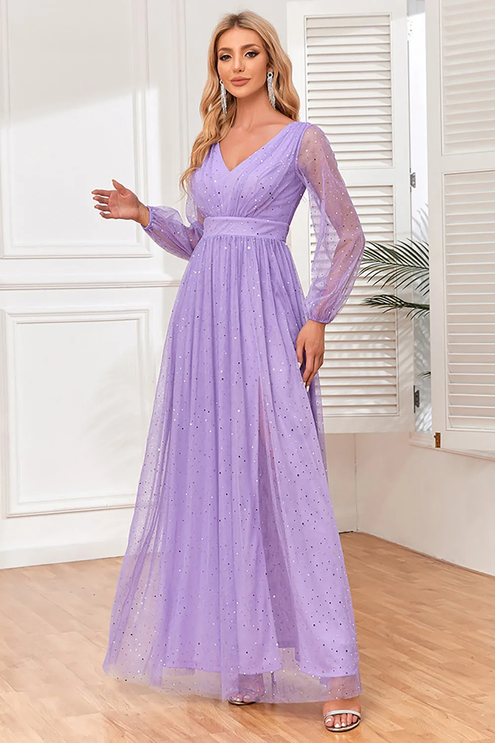 A-Line Long Sleeves Lilac Formal Dress with Slit sold by Zapaka product image thumbnail 3