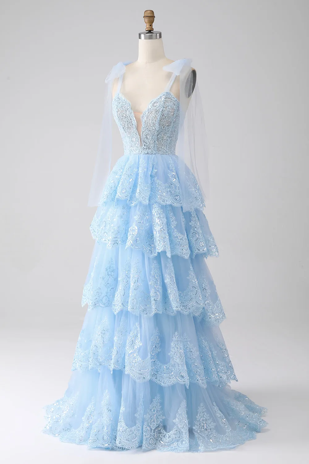 Light Blue Sweetheart Bow Tie Straps Tiered Tulle Sequin Prom Dress with Appliques sold by Zapaka product image thumbnail 3