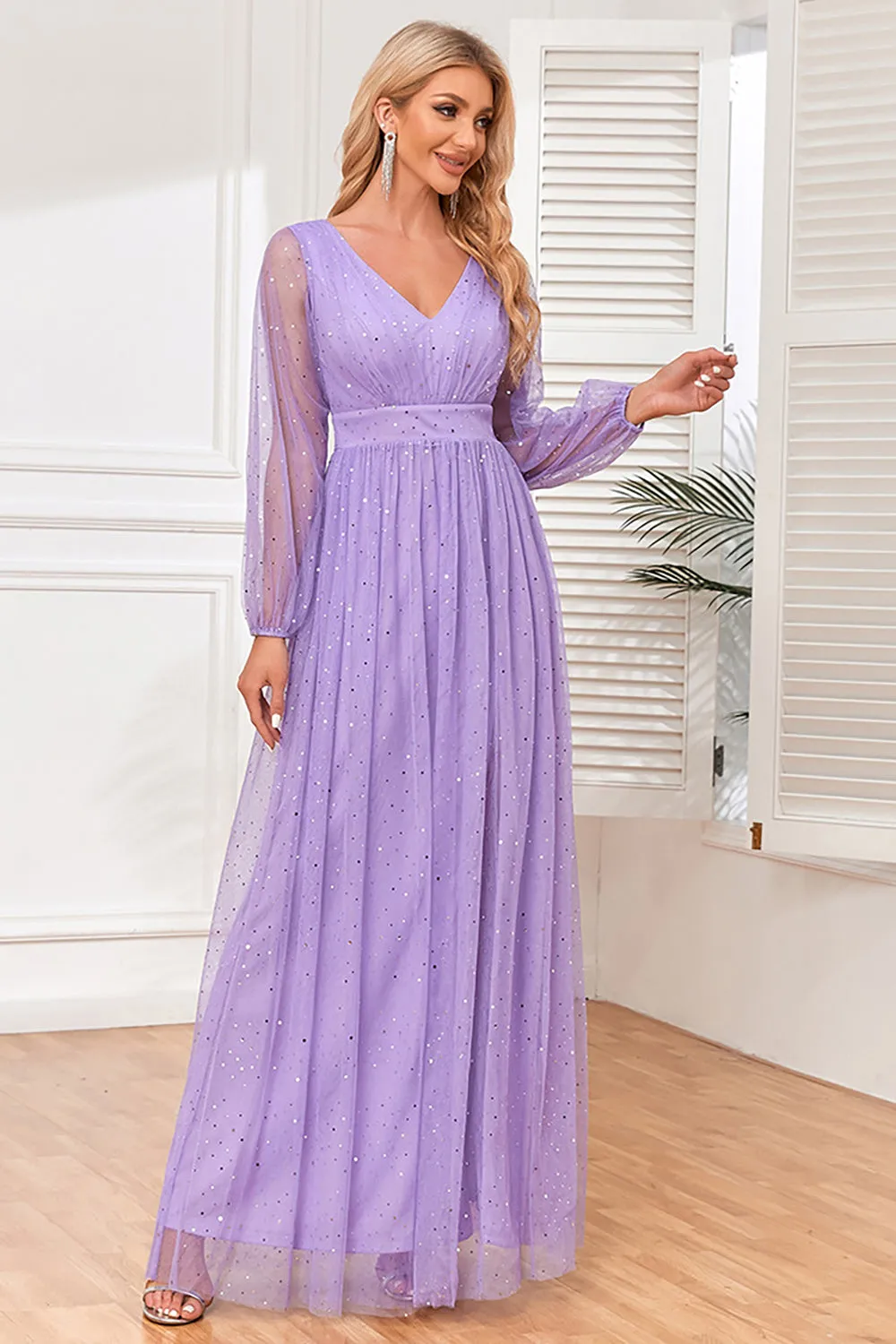 A-Line Long Sleeves Lilac Formal Dress with Slit sold by Zapaka product image thumbnail 4