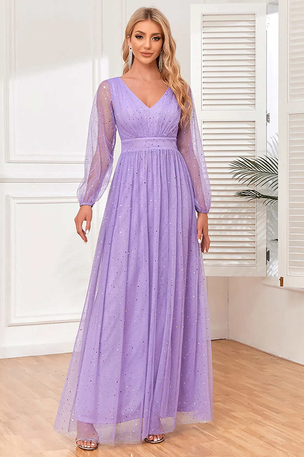 A-Line Long Sleeves Lilac Formal Dress with Slit sold by Zapaka