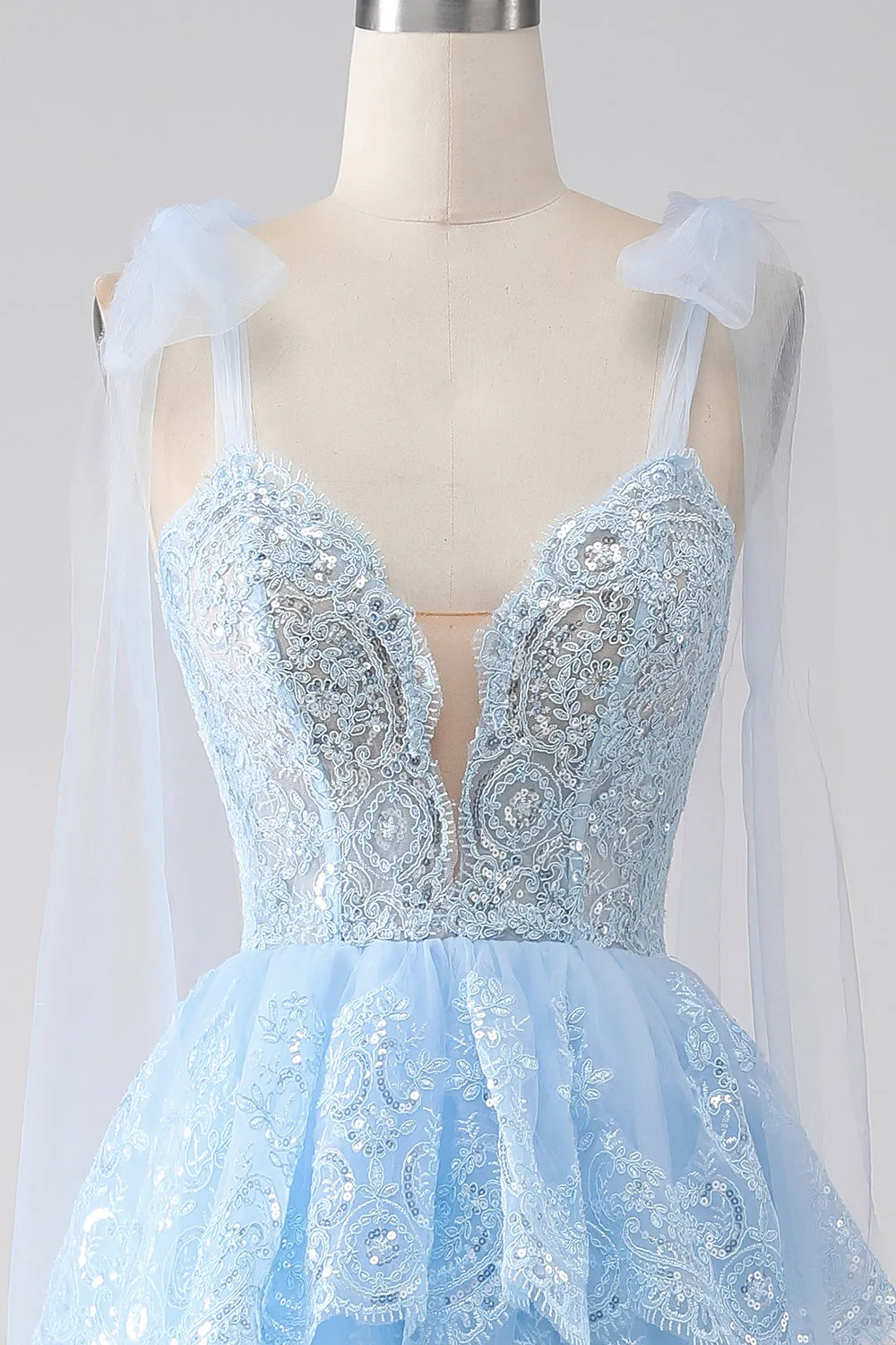 Light Blue Sweetheart Bow Tie Straps Tiered Tulle Sequin Prom Dress with Appliques sold by Zapaka product image thumbnail 4