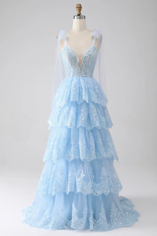Light Blue Sweetheart Bow Tie Straps Tiered Tulle Sequin Prom Dress with Appliques made by Zapaka