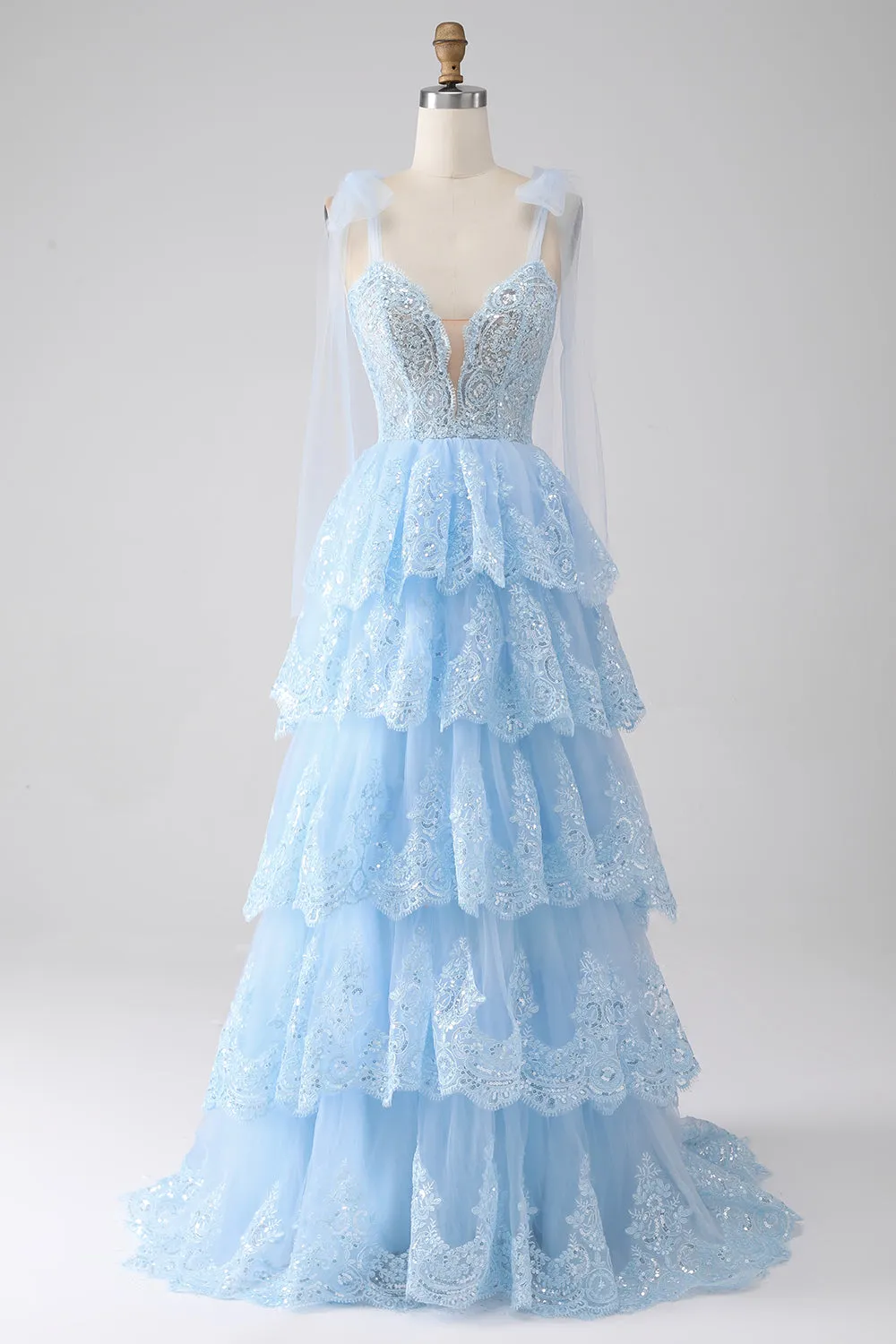 Light Blue Sweetheart Bow Tie Straps Tiered Tulle Sequin Prom Dress with Appliques sold by Zapaka