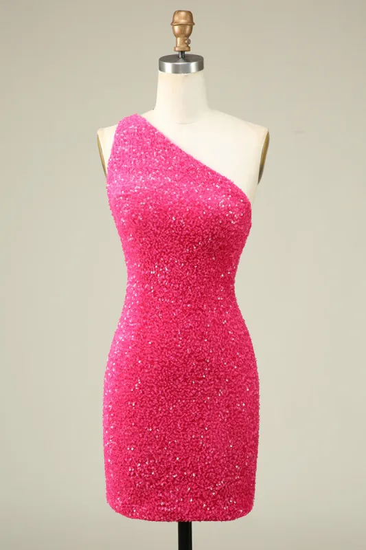 Bling Sheath One Shoulder Fuchsia Sequins Short Homecoming Dress sold by Zapaka