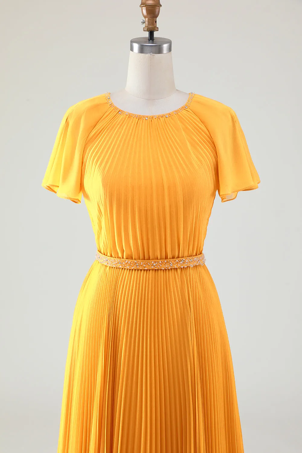 A-Line Round Neck Pleated Yellow Mother of Bride Dress With Short Sleeves sold by Zapaka product image thumbnail 4