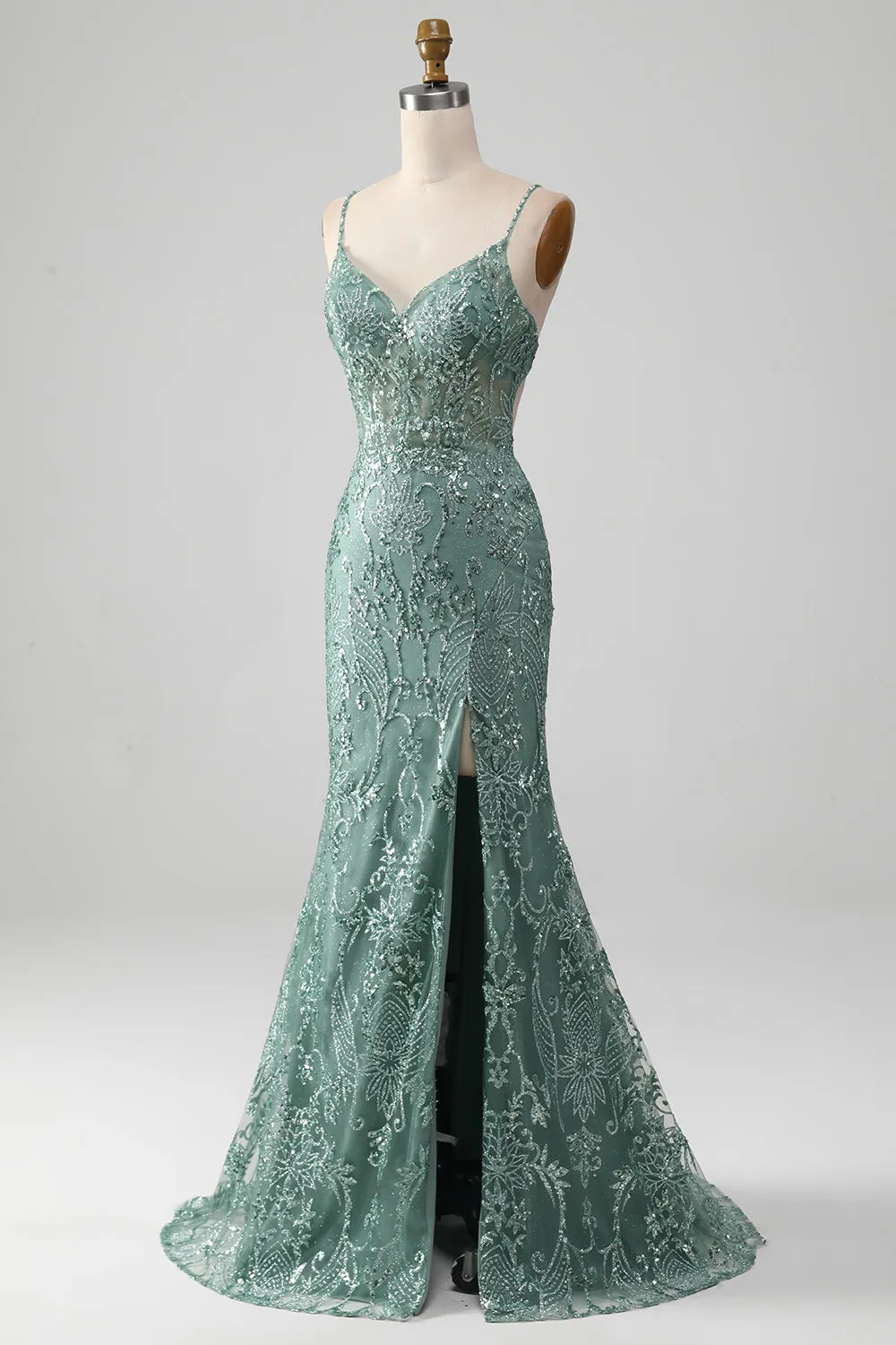 Sparkly Grey Green Mermaid Spaghetti Straps Long Prom Dress with Beading sold by Zapaka product image thumbnail 3