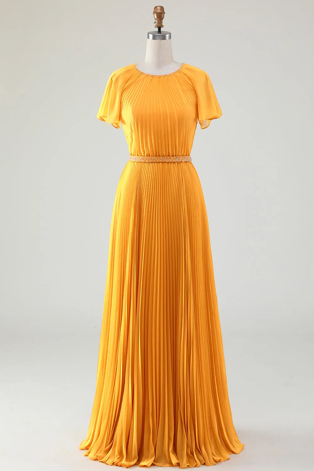A-Line Round Neck Pleated Yellow Mother of Bride Dress With Short Sleeves sold by Zapaka