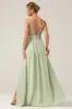 A-Line Pleated Chiffon Long Dusty Sage Bridesmaid Dress sold by Zapaka