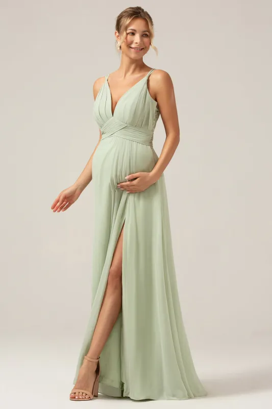 A-Line Pleated Chiffon Long Dusty Sage Bridesmaid Dress sold by Zapaka