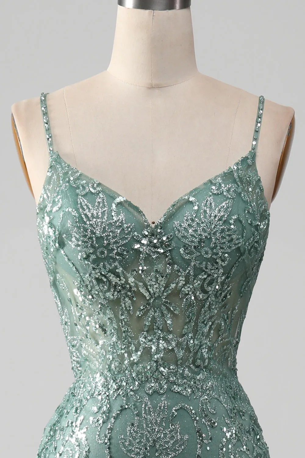 Sparkly Grey Green Mermaid Spaghetti Straps Long Prom Dress with Beading sold by Zapaka product image thumbnail 4