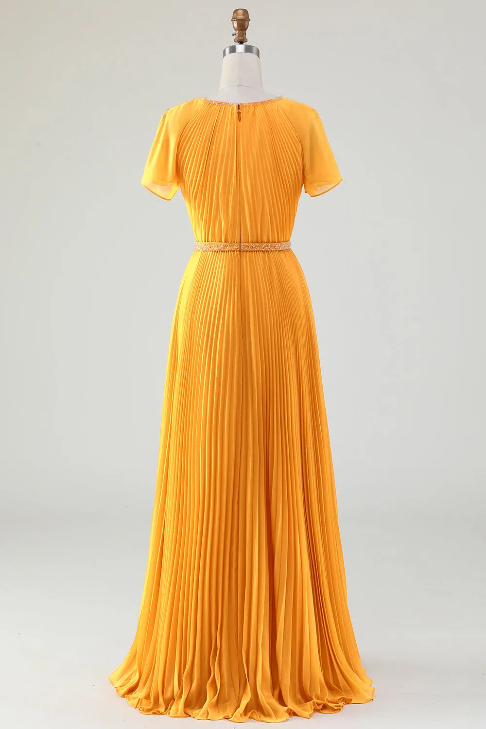 A-Line Round Neck Pleated Yellow Mother of Bride Dress With Short Sleeves sold by Zapaka product image thumbnail 2