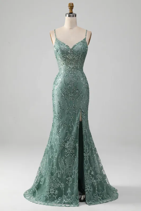 Sparkly Grey Green Mermaid Spaghetti Straps Long Prom Dress with Beading sold by Zapaka