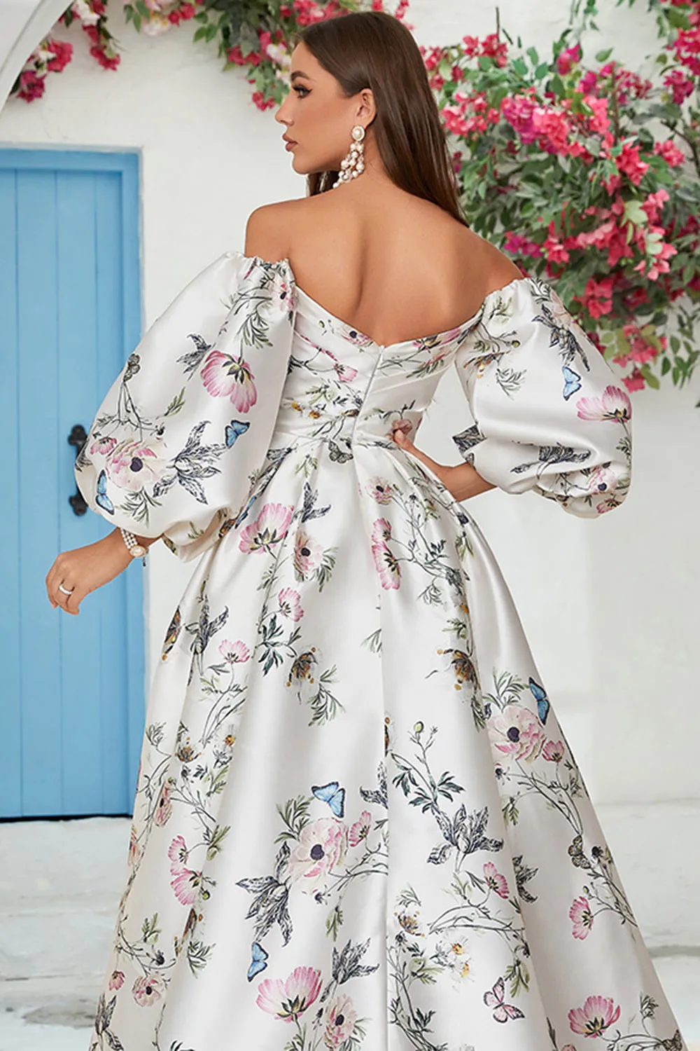 Ivory Floral Satin Chapel Train Wedding Dress sold by Zapaka product image thumbnail 4