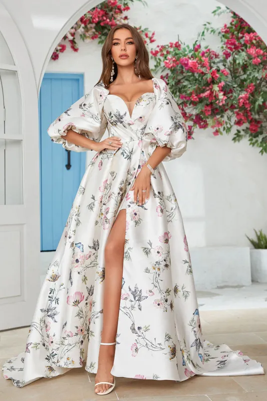 Ivory Floral Satin Chapel Train Wedding Dress made by Zapaka