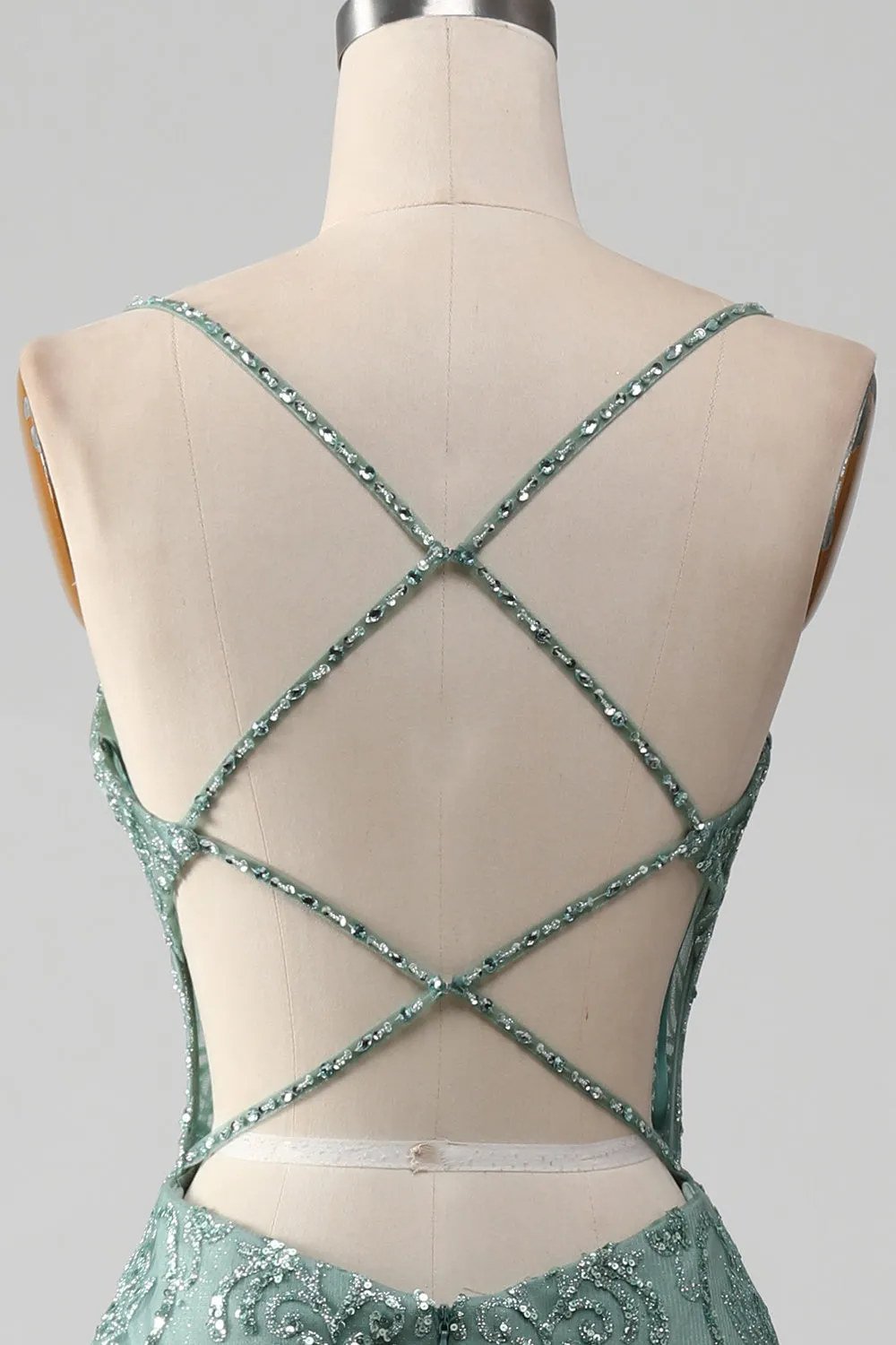 Sparkly Grey Green Mermaid Spaghetti Straps Long Prom Dress with Beading sold by Zapaka product image thumbnail 5