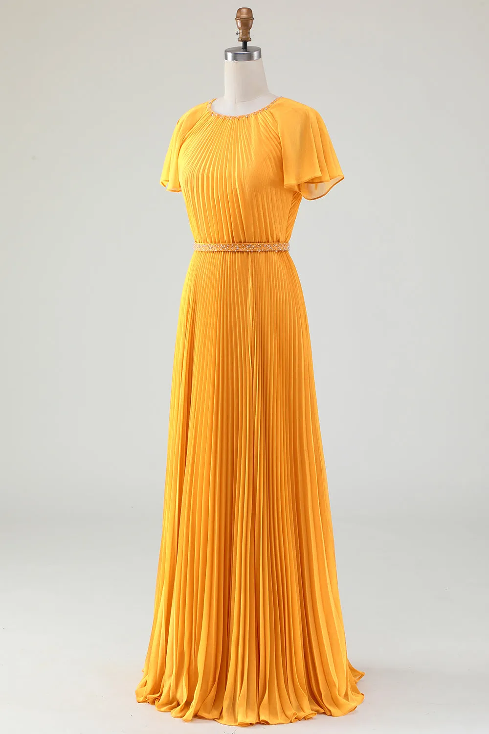 A-Line Round Neck Pleated Yellow Mother of Bride Dress With Short Sleeves sold by Zapaka product image thumbnail 3