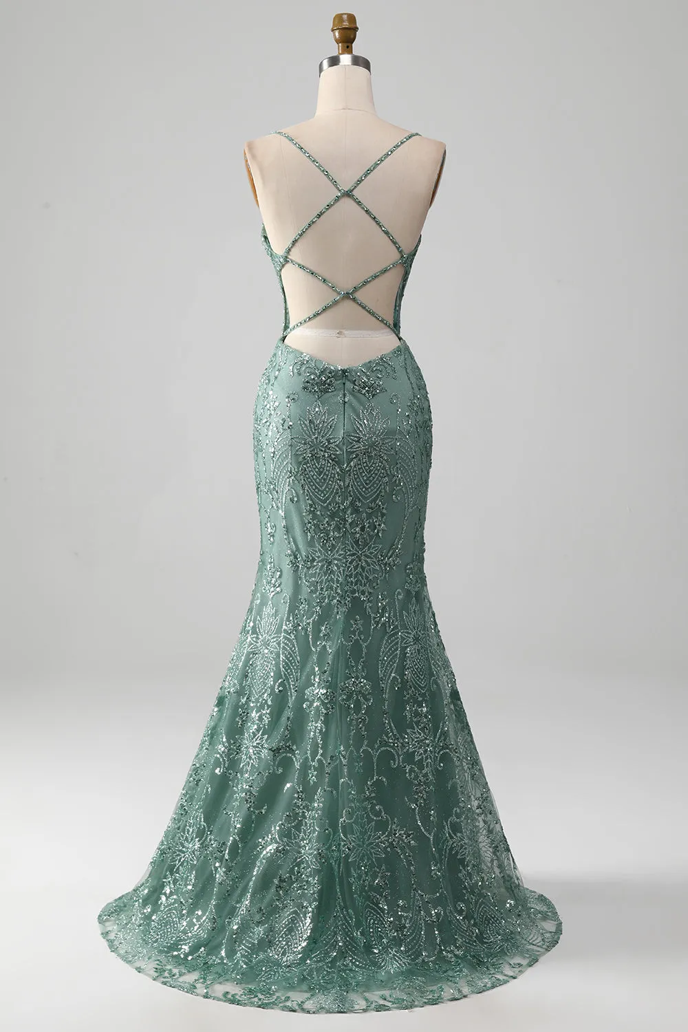 Sparkly Grey Green Mermaid Spaghetti Straps Long Prom Dress with Beading sold by Zapaka product image thumbnail 2