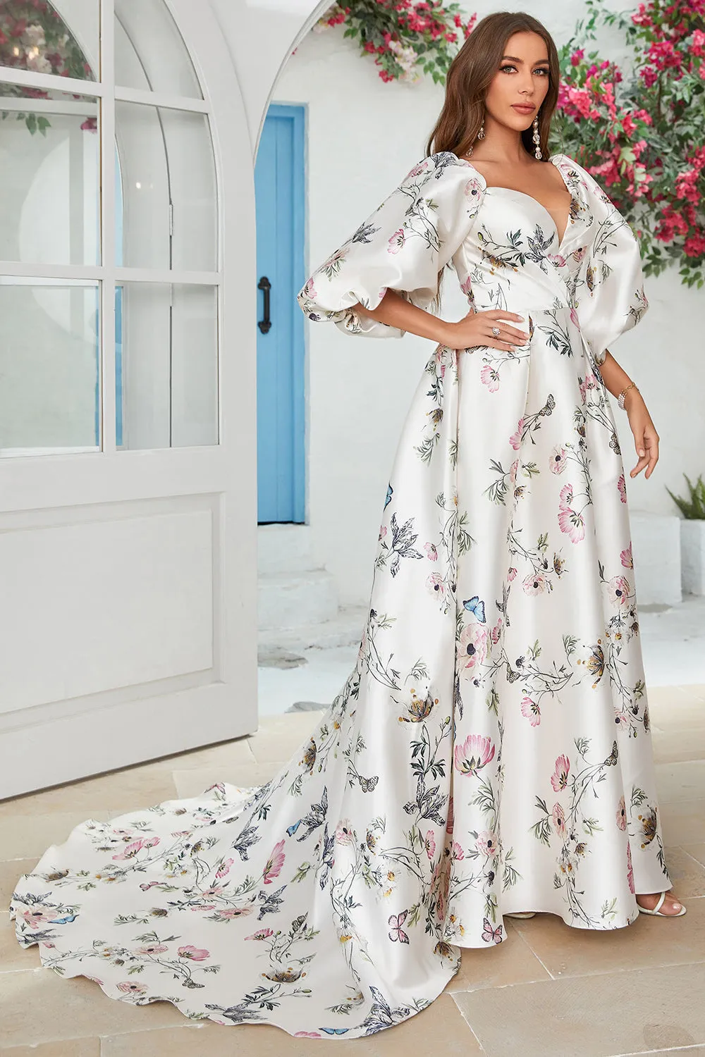 Ivory Floral Satin Chapel Train Wedding Dress sold by Zapaka product image thumbnail 5
