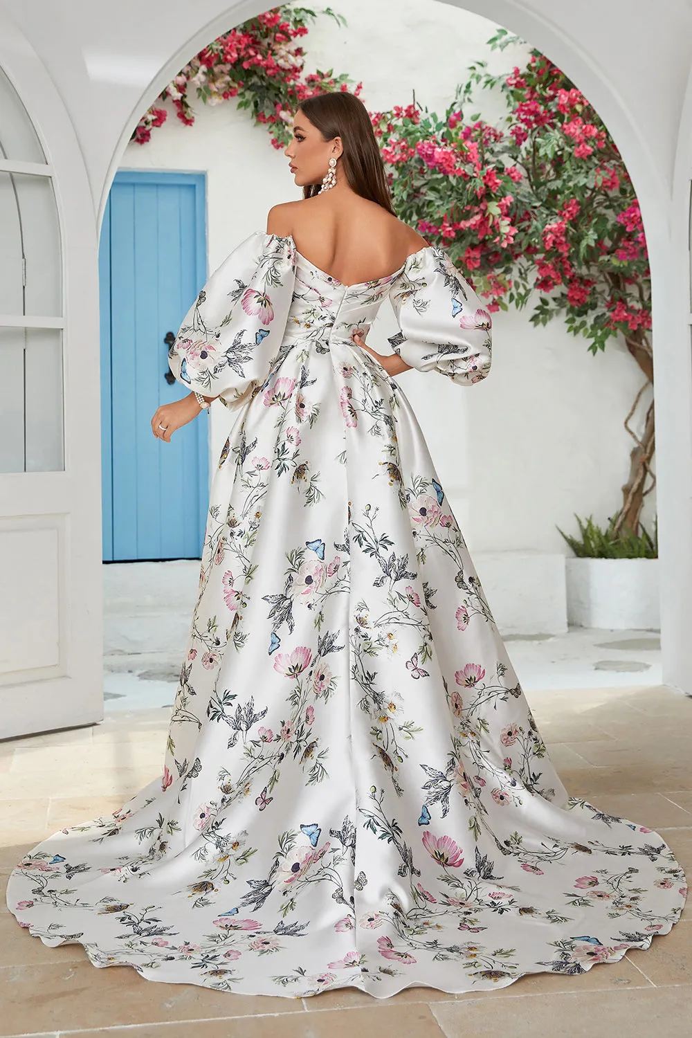 Ivory Floral Satin Chapel Train Wedding Dress sold by Zapaka product image thumbnail 2