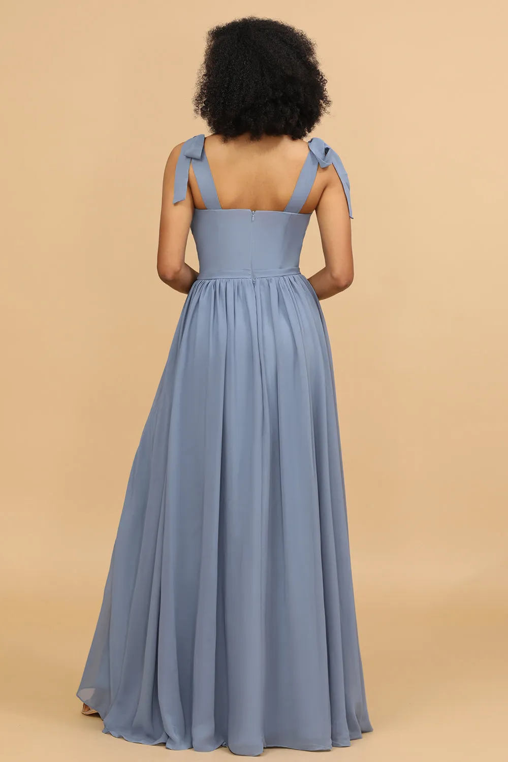Grey Blue Spaghetti Straps Long Chiffon Bridesmaid Dress with Slit sold by Zapaka product image thumbnail 2