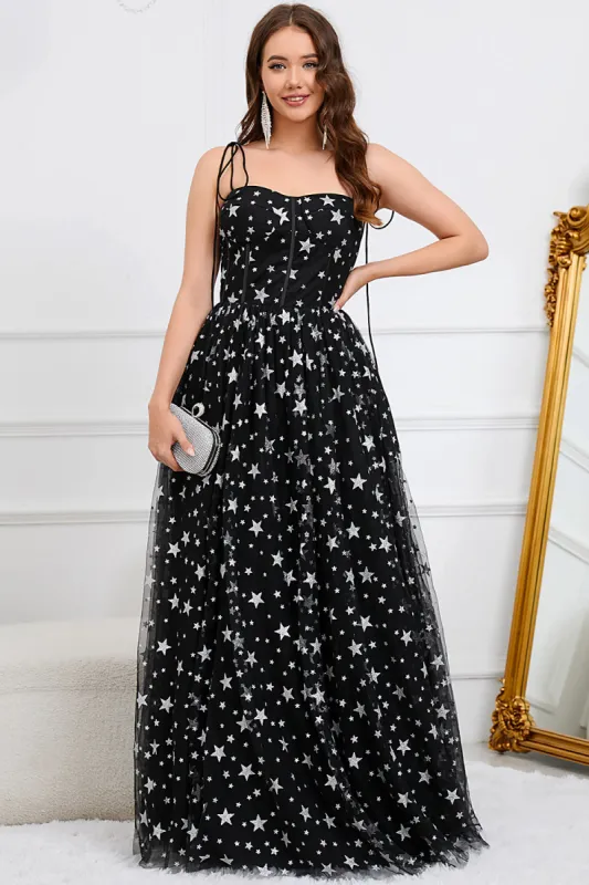 Tulle A-Line Spaghetti Straps Black Long Prom Dress with Stars sold by Zapaka