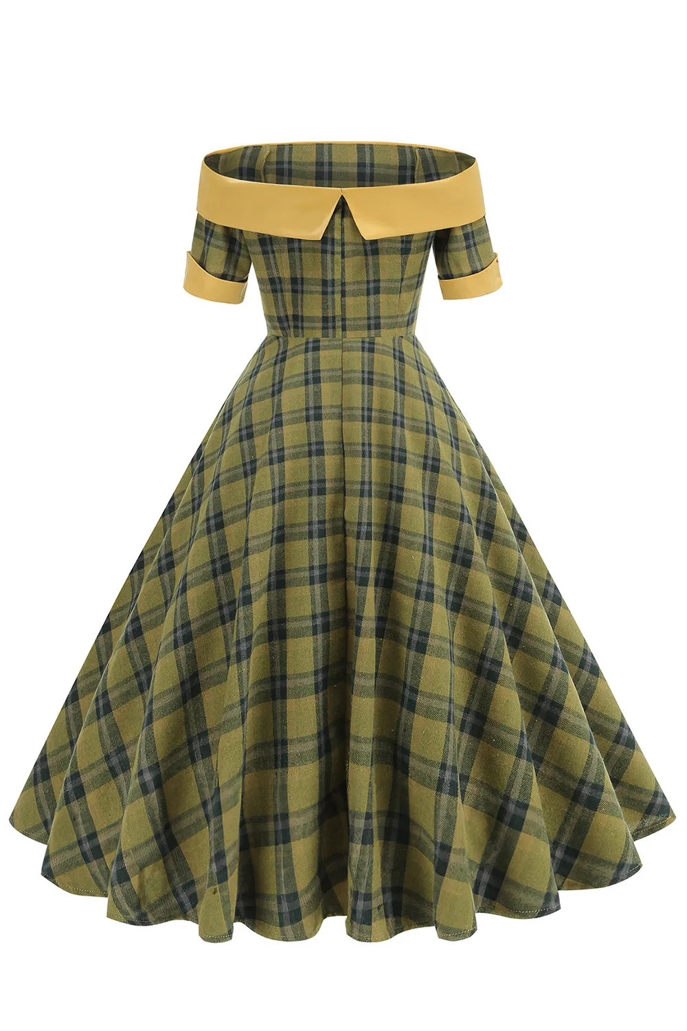 Off The Shoulder Green Grid Vintage 1950s Dress sold by Zapaka product image thumbnail 2