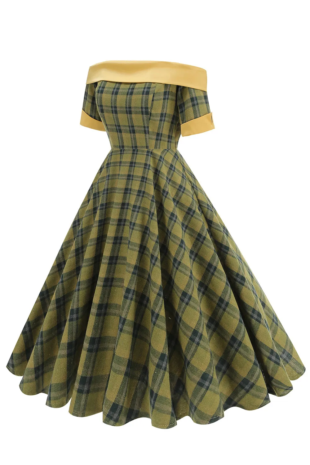 Off The Shoulder Green Grid Vintage 1950s Dress sold by Zapaka product image thumbnail 3