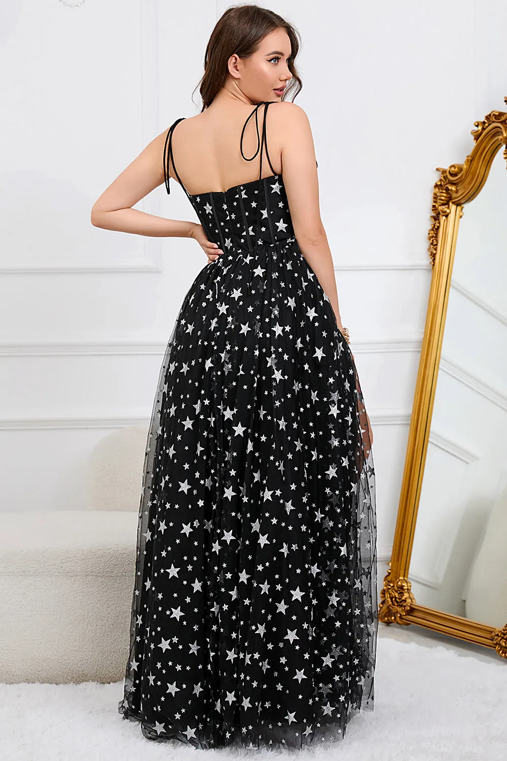 Tulle A-Line Spaghetti Straps Black Long Prom Dress with Stars sold by Zapaka product image thumbnail 2