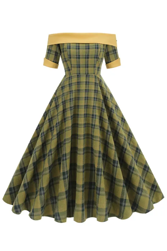 Off The Shoulder Green Grid Vintage 1950s Dress sold by Zapaka