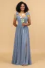 Grey Blue Spaghetti Straps Long Chiffon Bridesmaid Dress with Slit sold by Zapaka