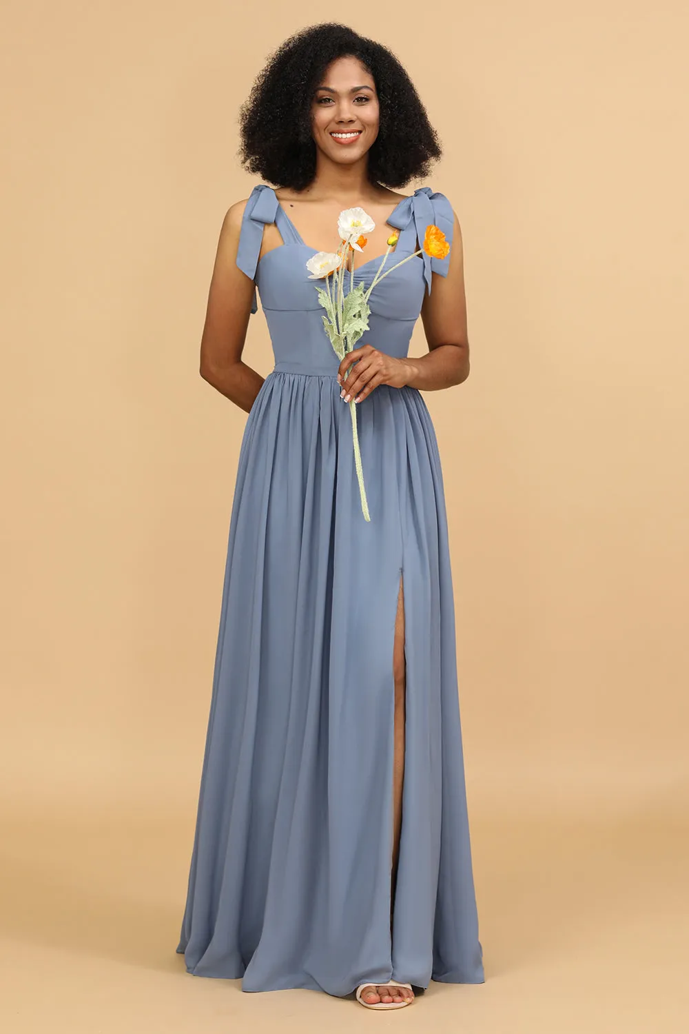 Grey Blue Spaghetti Straps Long Chiffon Bridesmaid Dress with Slit sold by Zapaka