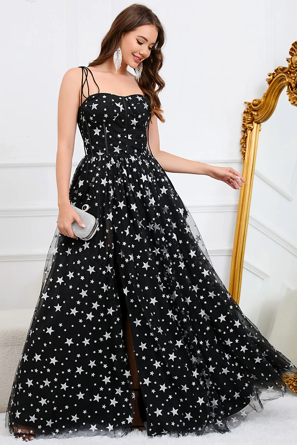 Tulle A-Line Spaghetti Straps Black Long Prom Dress with Stars sold by Zapaka product image thumbnail 3