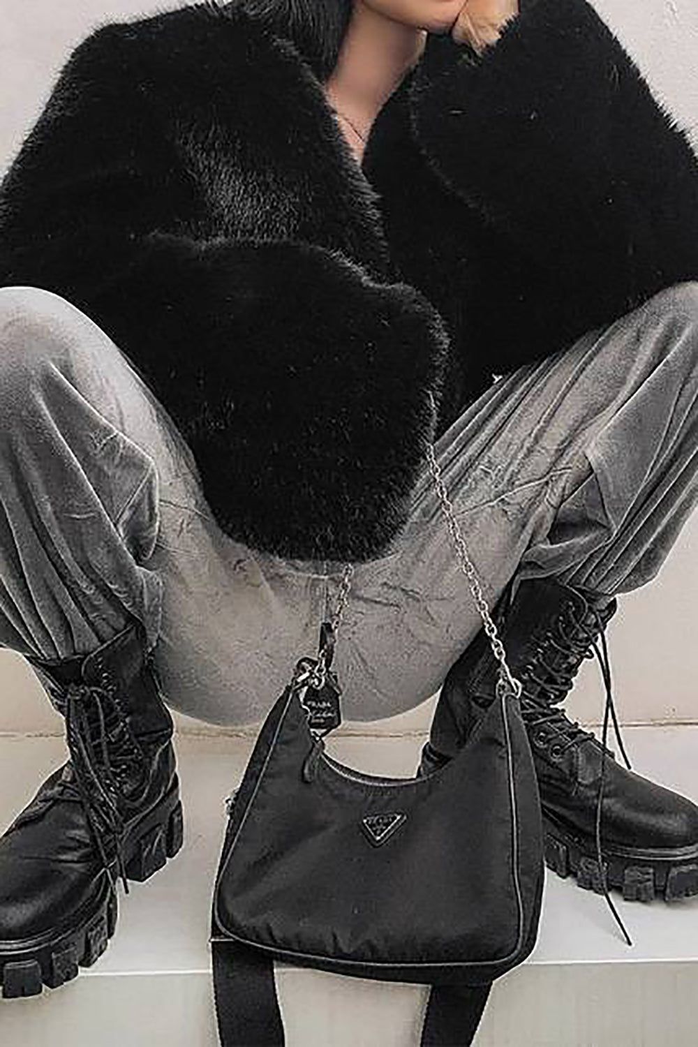 Black Shawl Lapel Faux Fur Cropped Fluffy Coat sold by Zapaka product image thumbnail 3