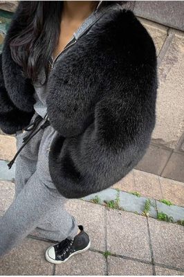 Black Shawl Lapel Faux Fur Cropped Fluffy Coat sold by Zapaka