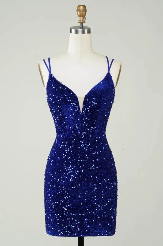 Sheath Royal Blue Sequins Short Homecoming Dress with Criss Cross Back sold by Zapaka