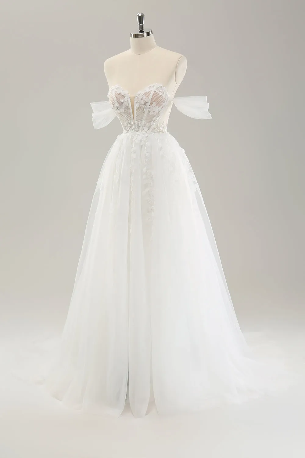 Princess Off The Shoulder Sweep Train Tulle Corset Wedding Dress with Appliques sold by Zapaka product image thumbnail 3