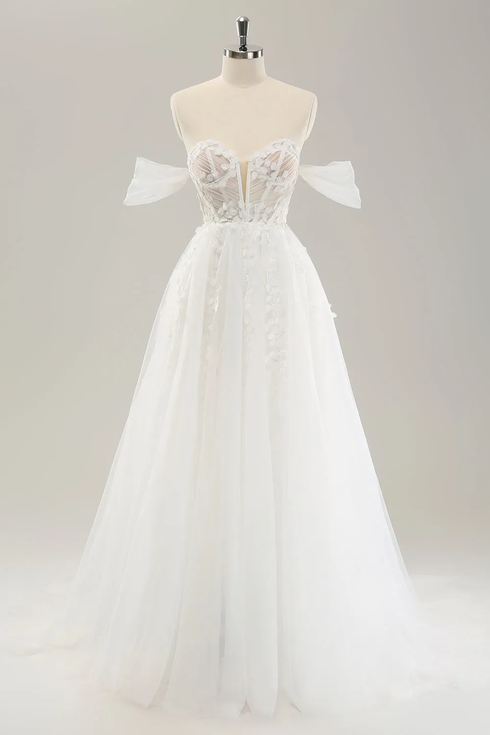 Princess Off The Shoulder Sweep Train Tulle Corset Wedding Dress with Appliques sold by Zapaka