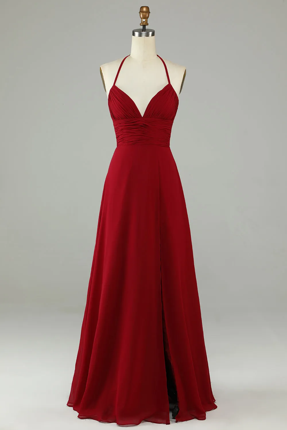 A-Line Halter Burgundy Long Bridesmaid Dress with Slit sold by Zapaka