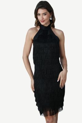 Halter Backless Black Party Dress with Fringes sold by Zapaka