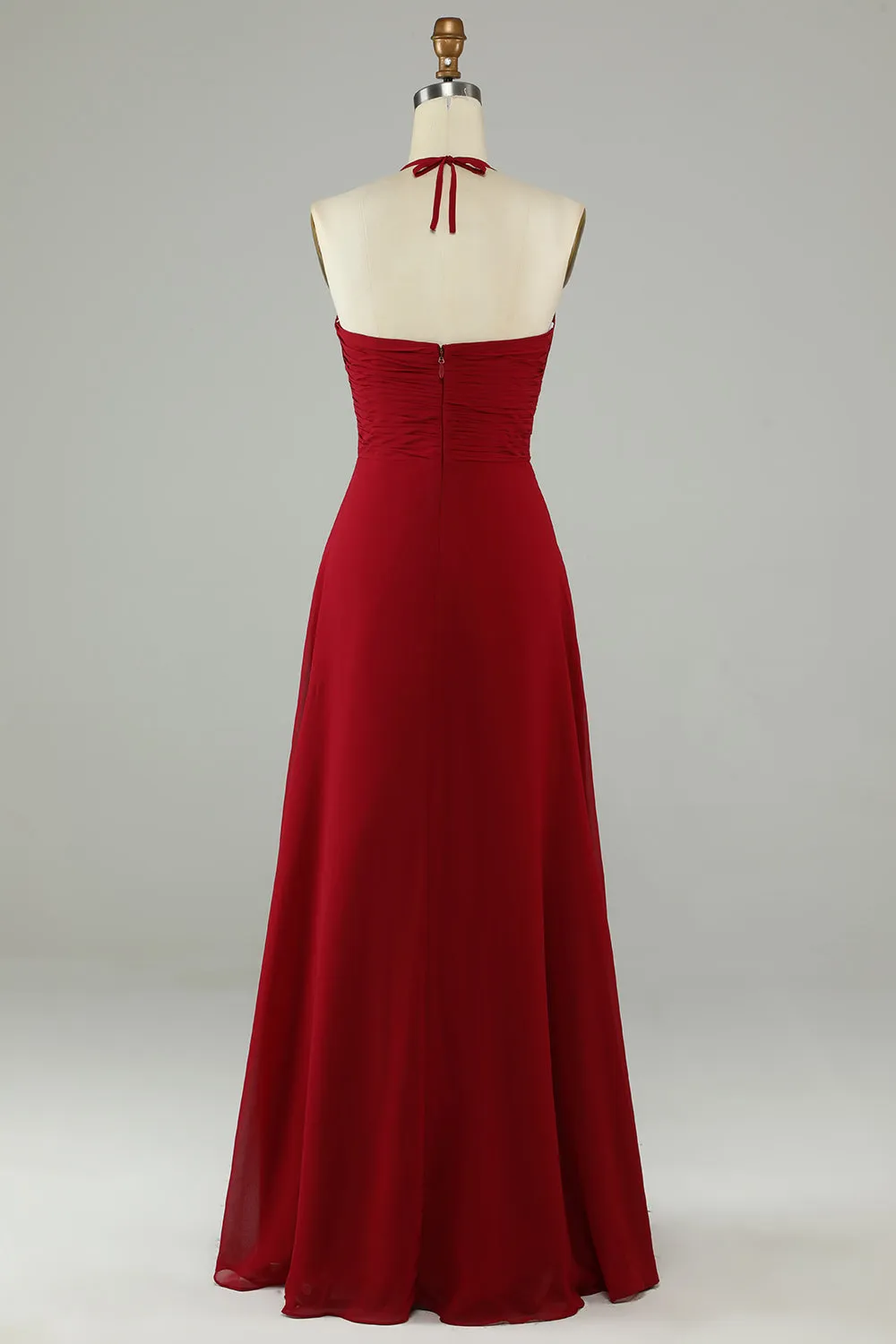 A-Line Halter Burgundy Long Bridesmaid Dress with Slit sold by Zapaka product image thumbnail 2