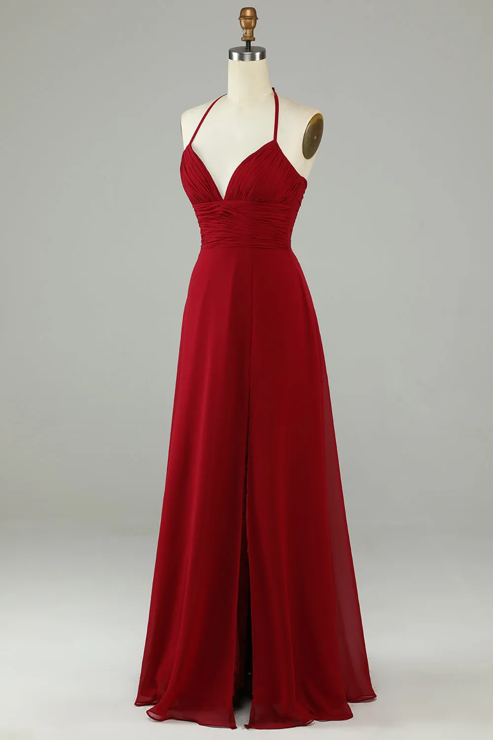 A-Line Halter Burgundy Long Bridesmaid Dress with Slit sold by Zapaka product image thumbnail 3
