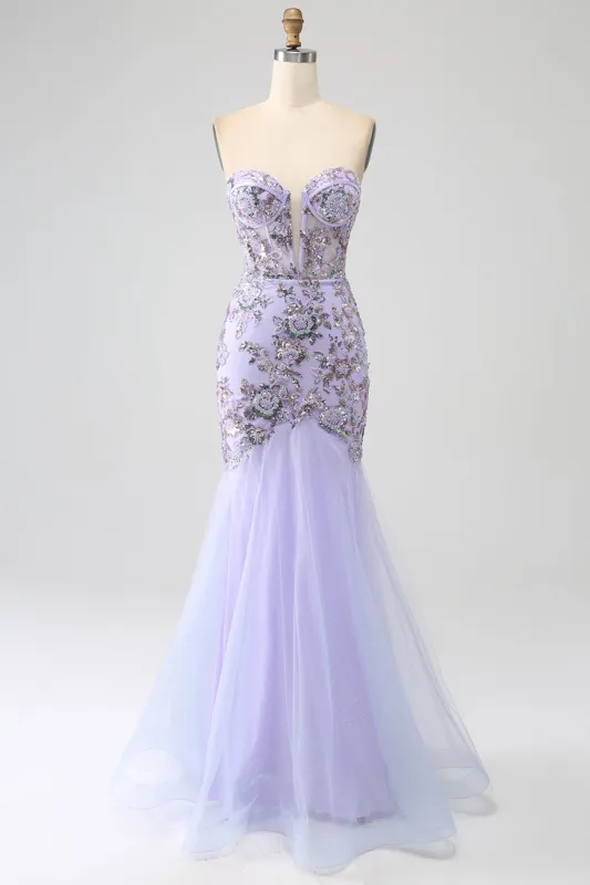Mermaid Strapless Lavender Corset Prom Dress with Beading sold by Zapaka