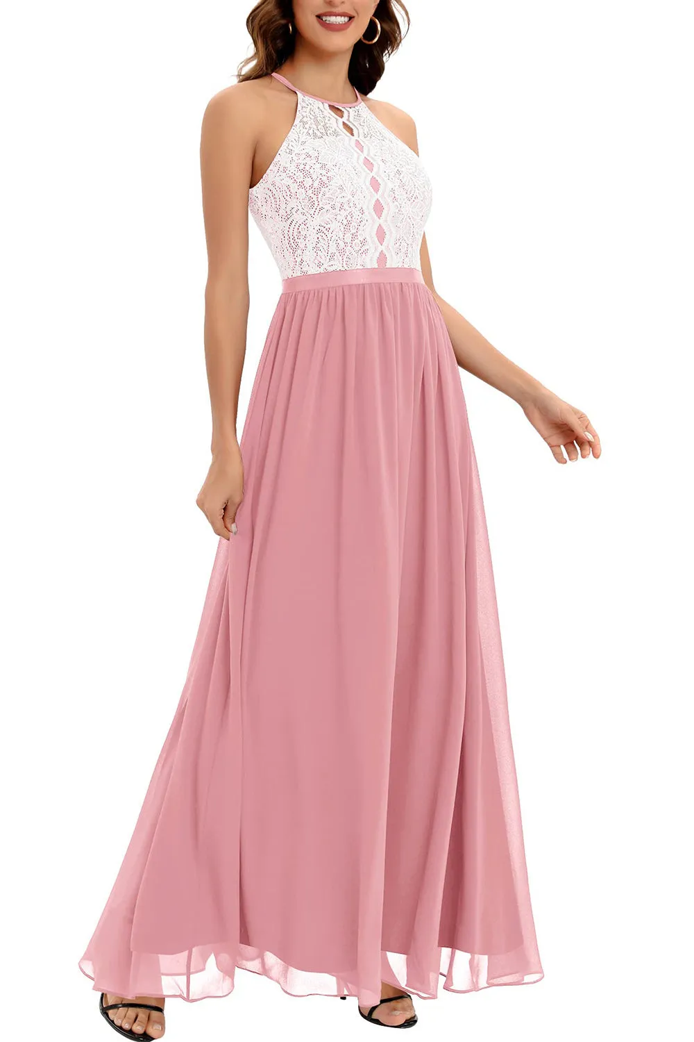 A Line Halter Blush Long Bridesmaid Dress with Lace sold by Zapaka product image thumbnail 4