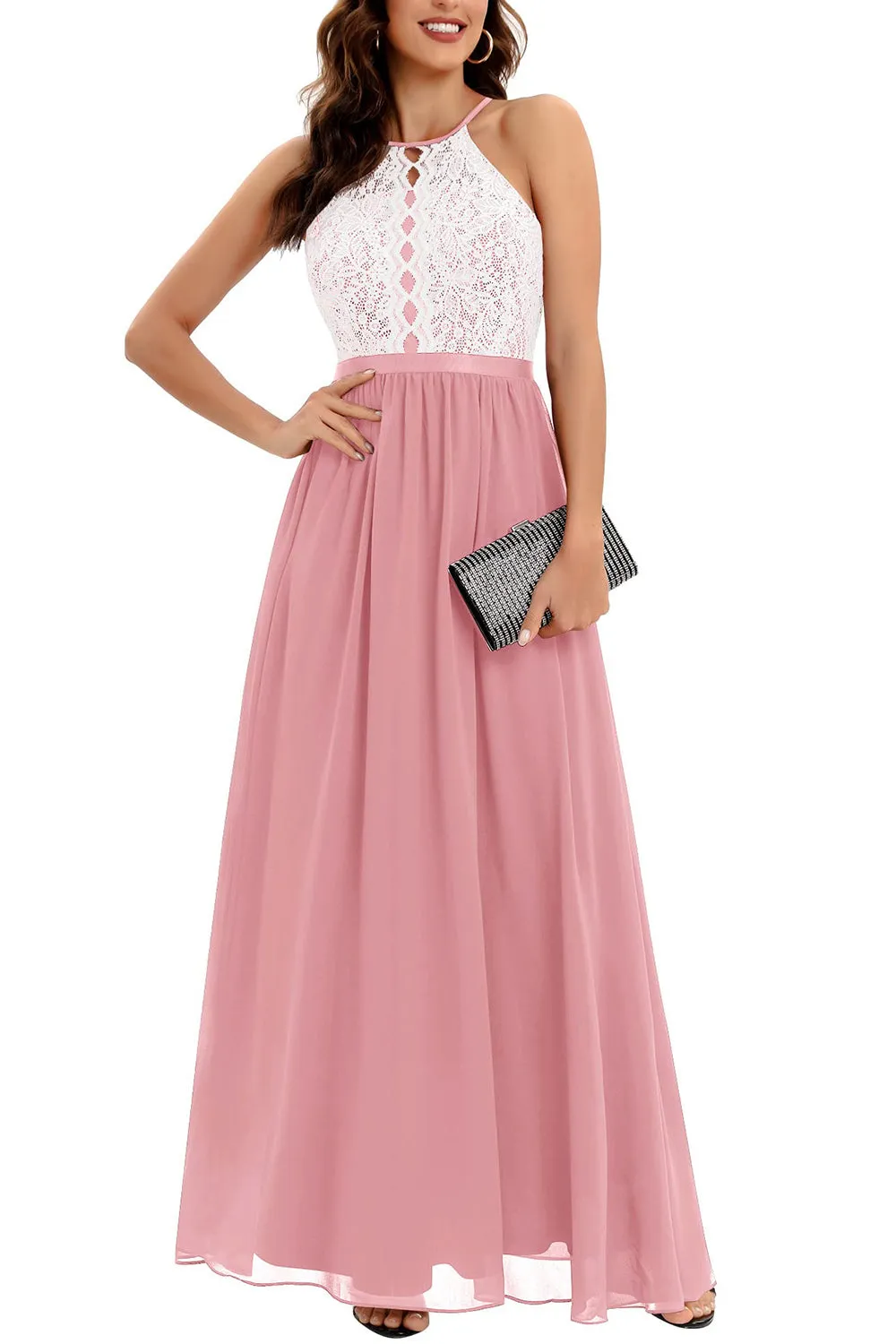 A Line Halter Blush Long Bridesmaid Dress with Lace sold by Zapaka
