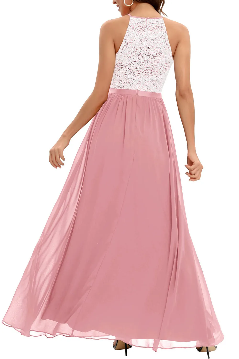 A Line Halter Blush Long Bridesmaid Dress with Lace sold by Zapaka product image thumbnail 2