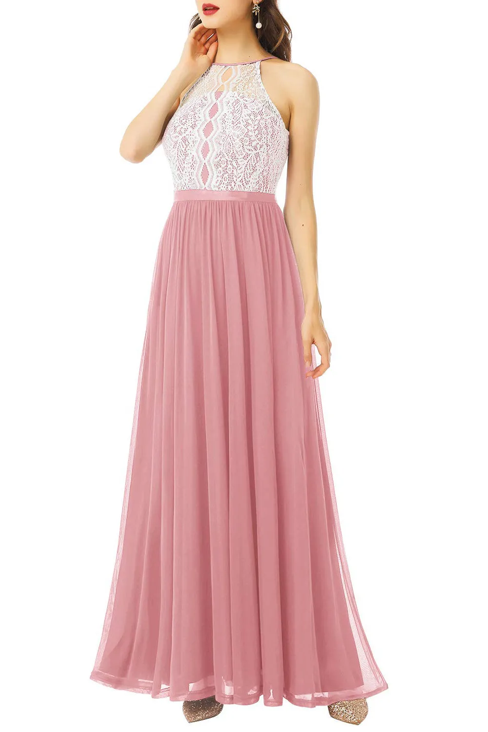 A Line Halter Blush Long Bridesmaid Dress with Lace sold by Zapaka product image thumbnail 3