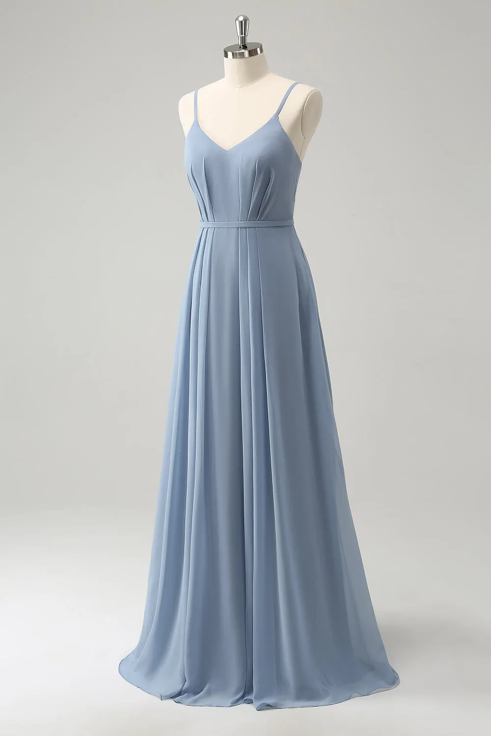 Grey Blue Chiffon Corset A Line Spaghetti Straps Pleated Long Bridesmaid Dress sold by Zapaka product image thumbnail 3