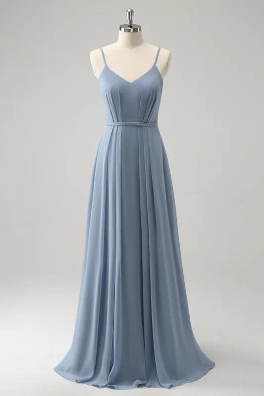 Grey Blue Chiffon Corset A Line Spaghetti Straps Pleated Long Bridesmaid Dress sold by Zapaka
