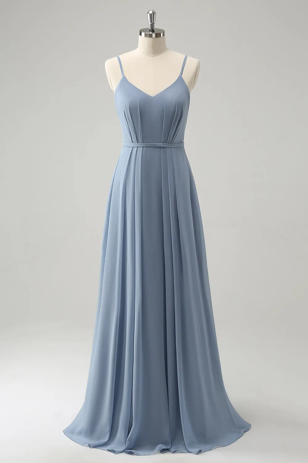 Grey Blue Chiffon Corset A Line Spaghetti Straps Pleated Long Bridesmaid Dress sold by Zapaka