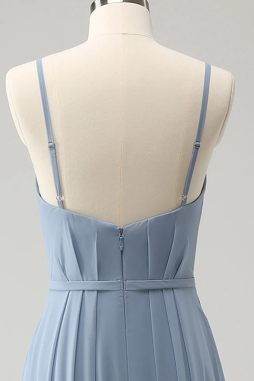 Grey Blue Chiffon Corset A Line Spaghetti Straps Pleated Long Bridesmaid Dress sold by Zapaka product image thumbnail 5